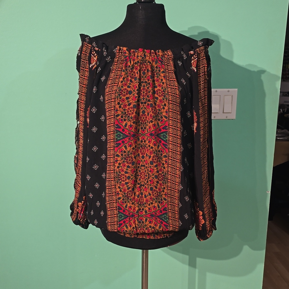 Desigual mixed-patterned Blouse with embroidered sleeves.  Size XL